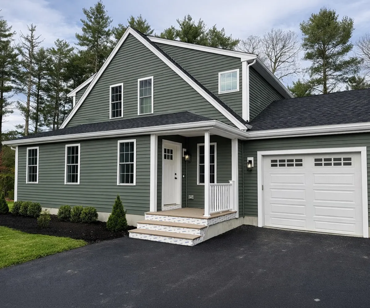 Green house with white trim, front porch, and attached garage on a paved driveway.
