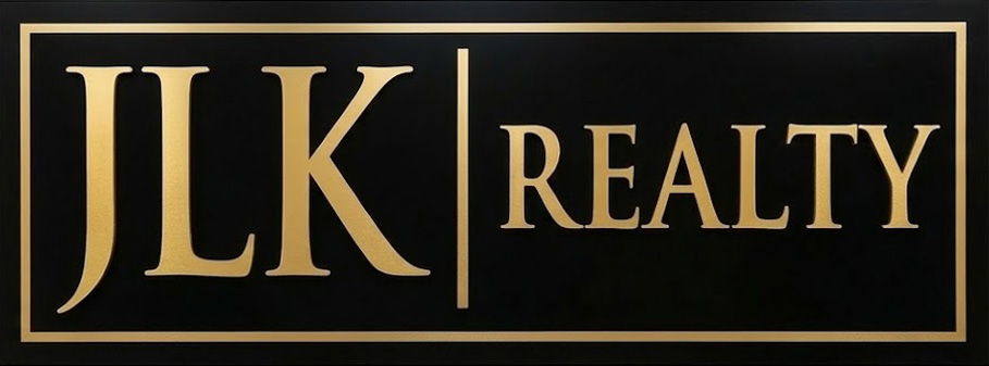 Gold JLK Realty text on a black background with a gold border.