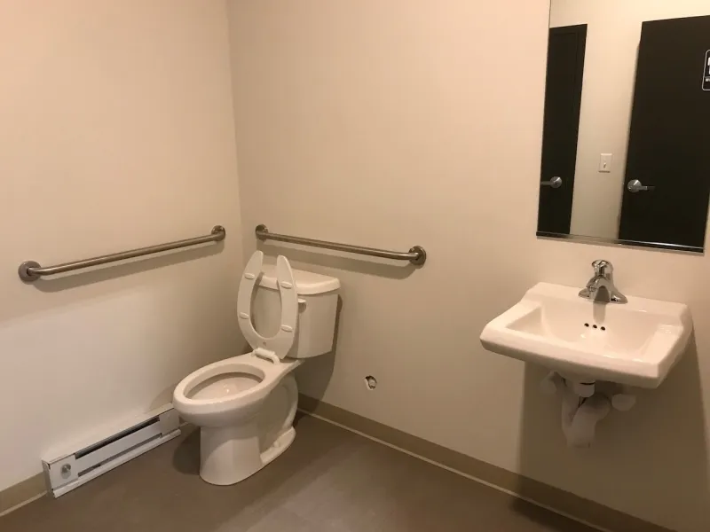 Accessible bathroom with toilet, grab bars, sink, and mirror on plain walls.