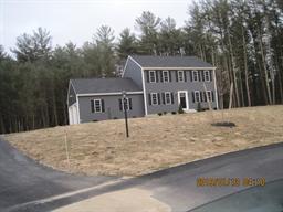 Gray two-story house with garage on a sloped lawn, surrounded by tall trees.