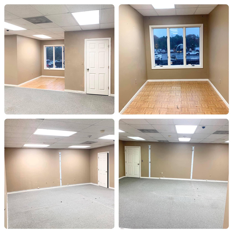 Collage of empty beige rooms with gray carpet, large windows, and white ceiling tiles.