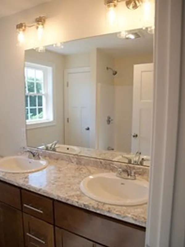 Double sink bathroom vanity with marble countertop, mirror, and bright lighting fixtures.