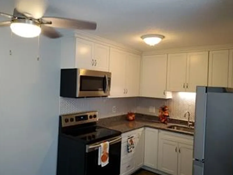 Modern kitchen with white cabinets, stainless steel appliances, and ceiling lights.