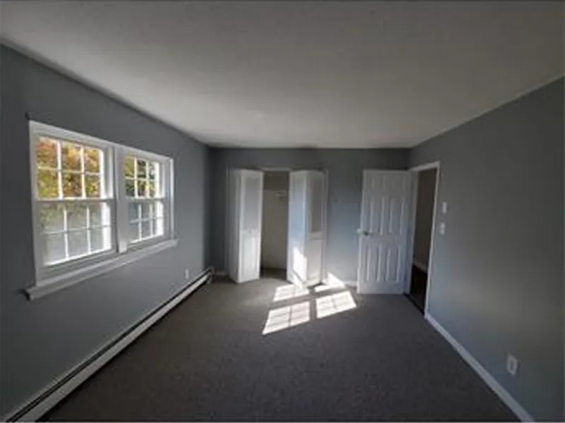 Empty room with gray walls, carpeted floor, windows, open closet, and sunlight streaming in.