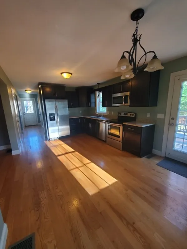 Kitchen with dark cabinets, stainless steel appliances, and sunlight on wood floor.