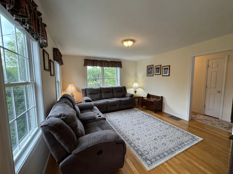 Bright living room with two gray sofas, a patterned rug, and large windows.