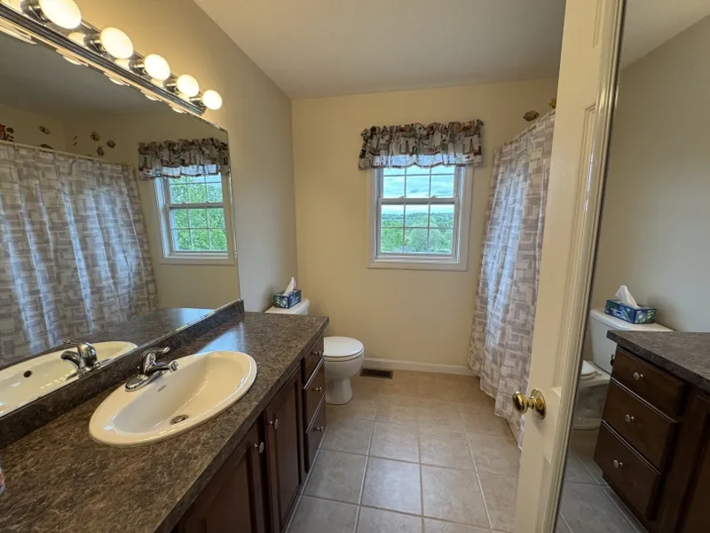 Bathroom with brown cabinets, single sink, toilet, shower curtain, and two windows.