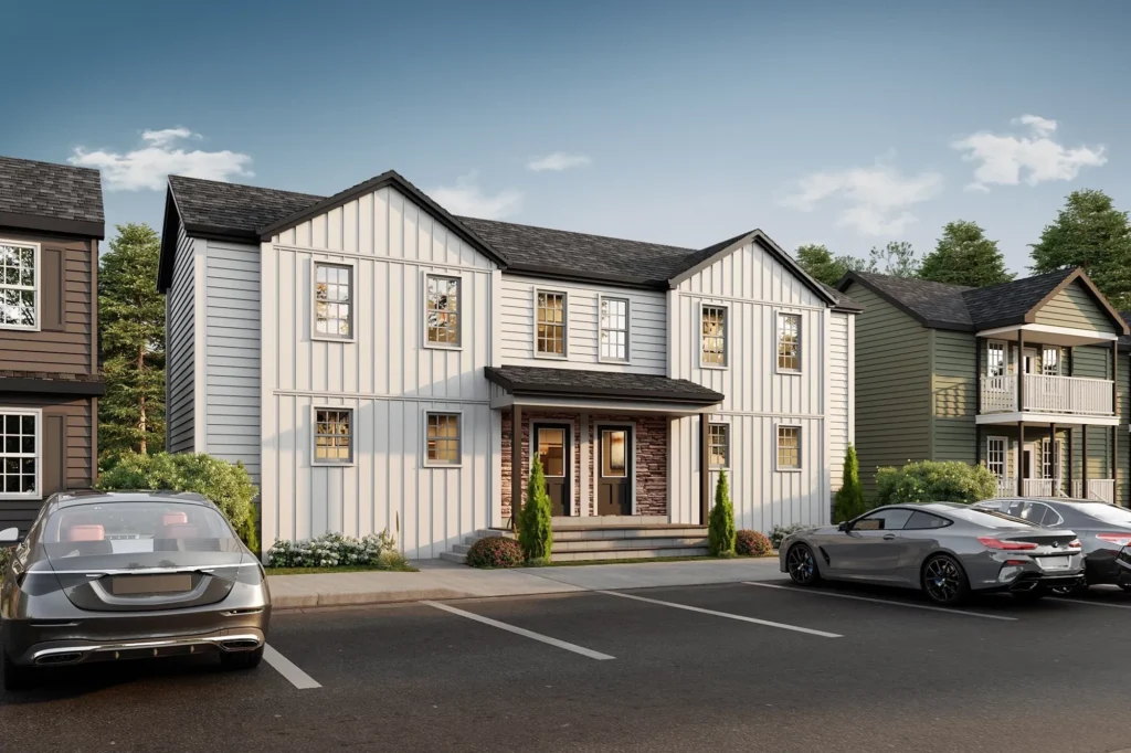 Modern two-story white house with parked cars in front and trees in the background.