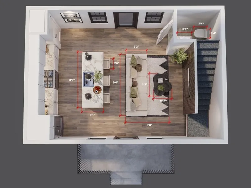 Top-down view of a living room and kitchen layout with furniture and measurements in red.