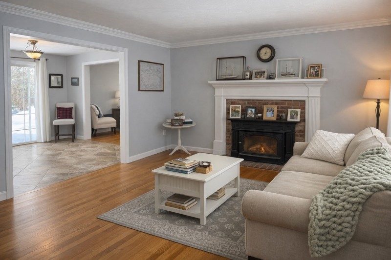 Cozy living room with sofa, fireplace, coffee table, and lamp on hardwood floor.