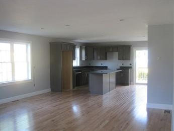 Open kitchen with dark cabinets and island, light wood floors, and large windows.