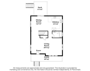 Black and white floor plan showing porch, foyer, living, dining, kitchen, and deck areas.