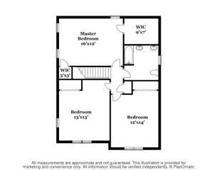Black and white floor plan with three bedrooms, two walk-in closets, and two bathrooms.