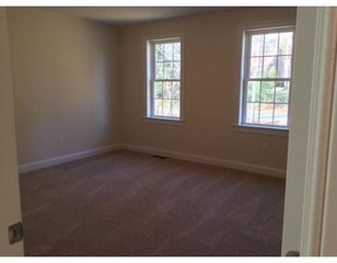 Empty room with beige carpet, cream walls, and two windows letting in natural light.
