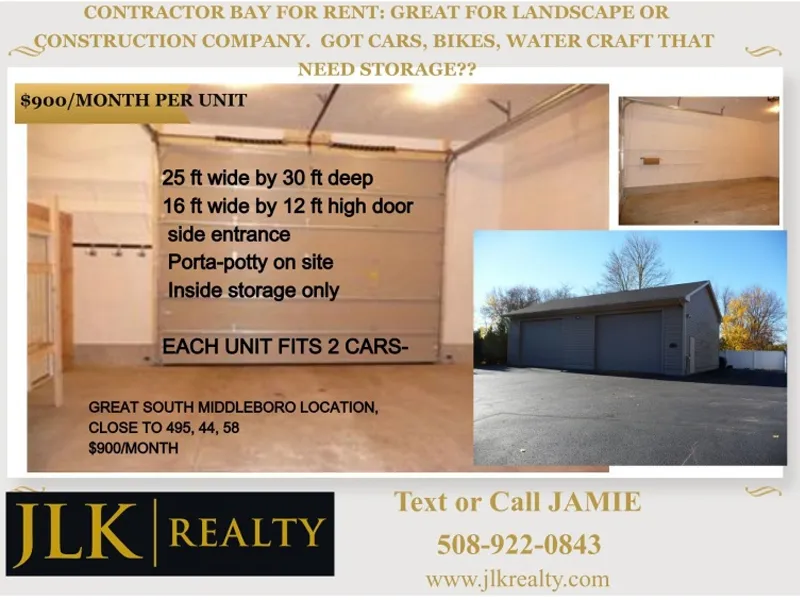 Contractor bays for rent with large garage doors and parking, $900/month, JLK Realty.