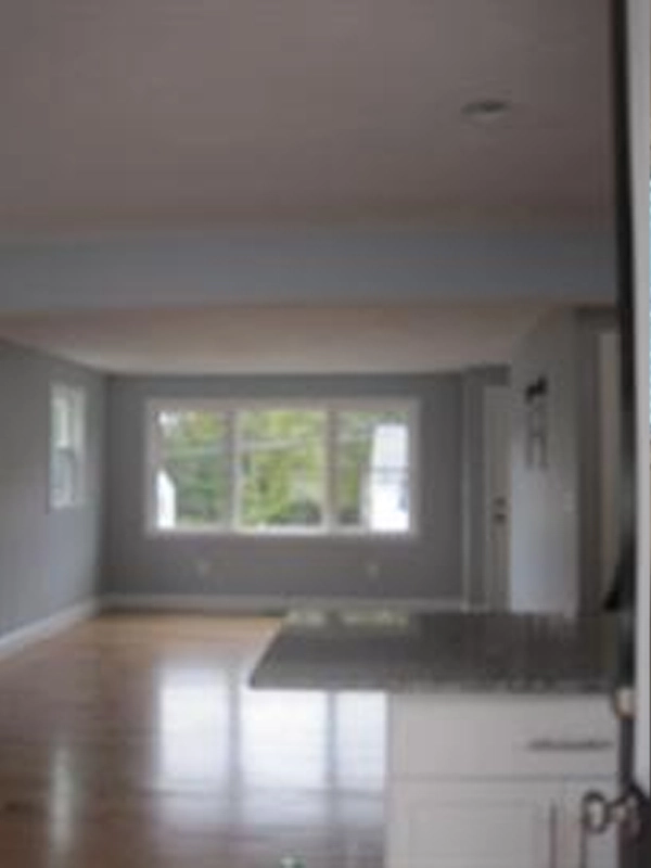 Unfurnished living room with large window, light wood floor, and gray walls.