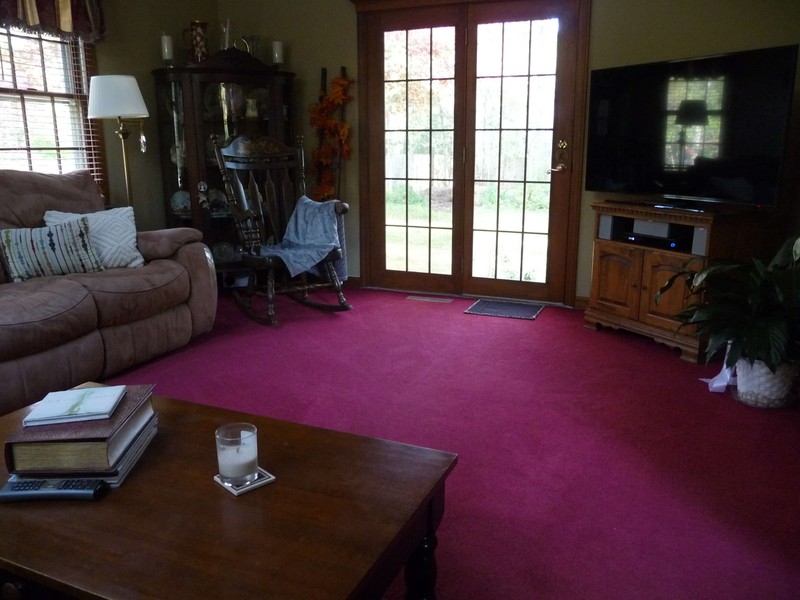 Living room with red carpet, sofa, rocking chair, TV, coffee table, and glass doors.