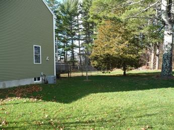 Side yard of a house with green grass, trees, and partial shadow on the lawn.