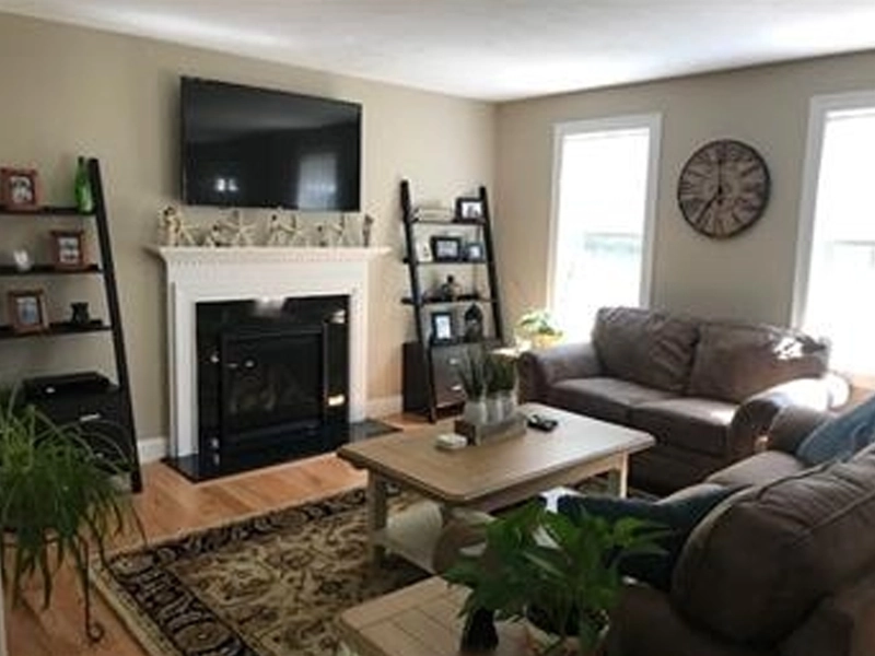 Living room with sofas, fireplace, TV, coffee table, bookshelves, and wall clock.