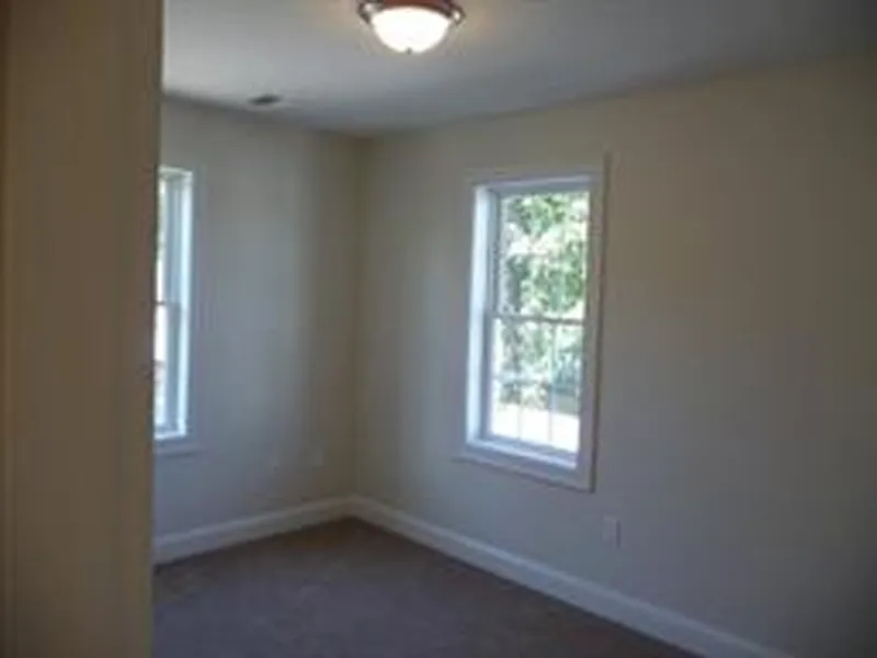 Small empty room with two windows, beige walls, and carpeted floor, lit by ceiling light.