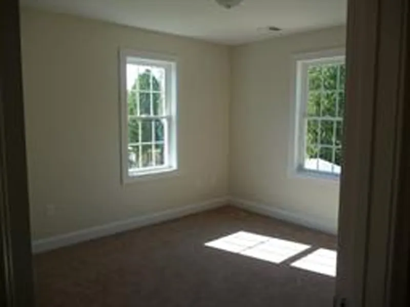 Empty room with two windows, beige walls, and sunlight shining on the carpeted floor.