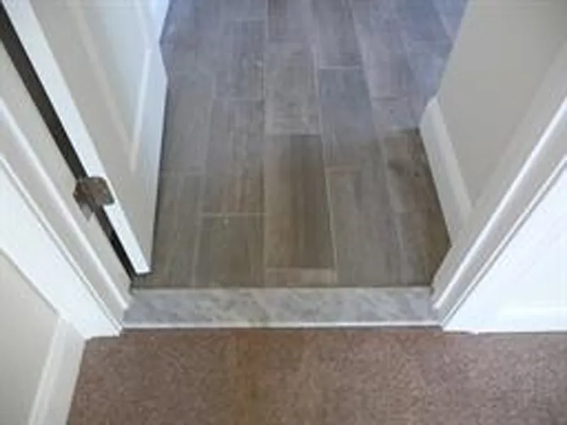 Doorway with a marble threshold dividing carpet and wood-look tile flooring.