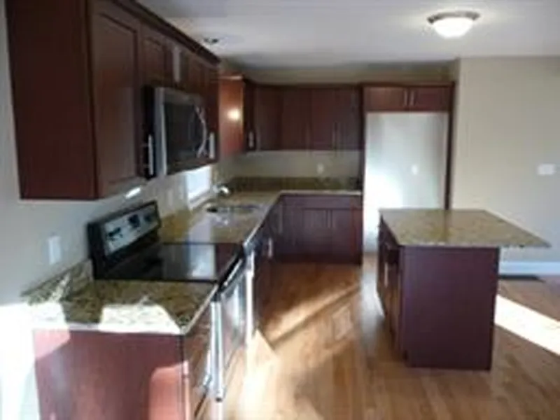 Modern kitchen with dark wood cabinets, granite countertops, and stainless steel appliances.