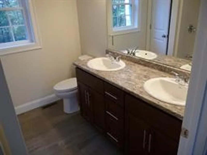 Bathroom with double sinks, brown cabinets, a toilet, and two windows.