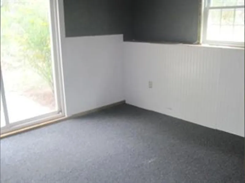 Empty room with gray carpet, white wainscoting, dark upper walls, and two windows.