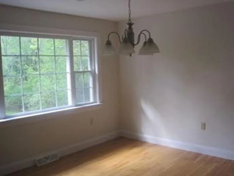 Empty room with hardwood floor, large window, and a ceiling light fixture.