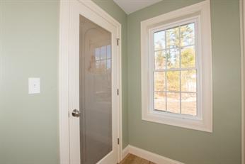 A frosted glass door and a window in a room with light green walls and white trim.