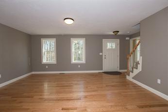 Empty living room with hardwood floor, gray walls, two windows, and white front door.