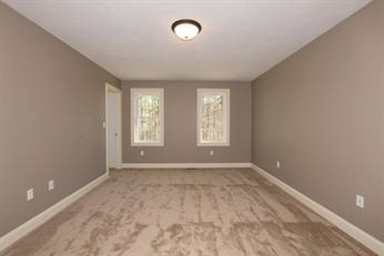 Empty beige room with two windows, carpeted floor, and a ceiling light fixture.
