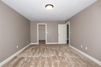 Empty beige-carpeted room with gray walls, ceiling light, closet, and door.