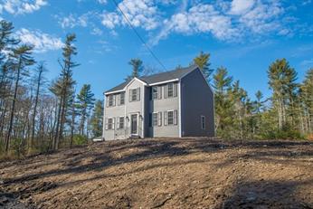 Gray two-story house on a cleared dirt lot, surrounded by tall trees under a blue sky.