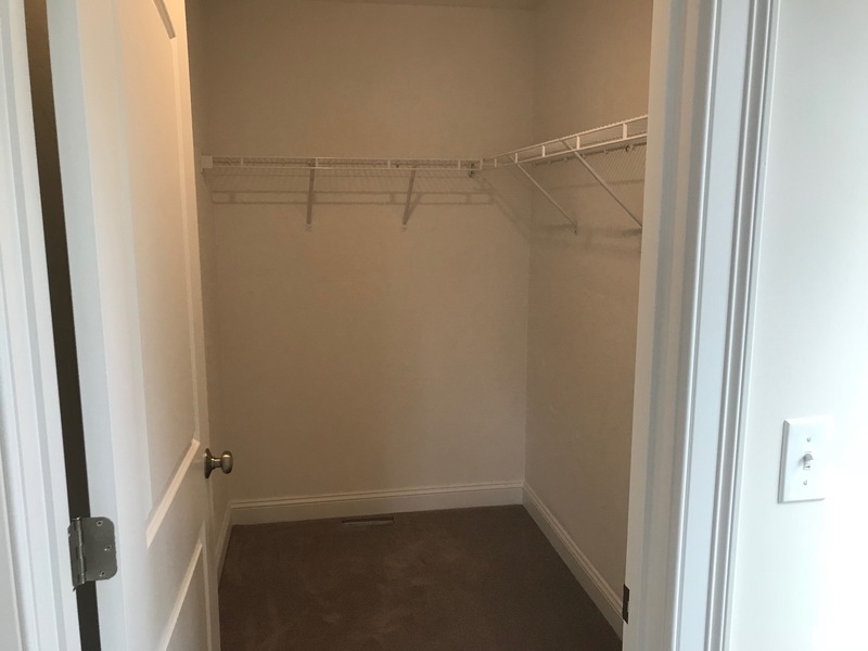 Empty walk-in closet with beige walls, carpeted floor, and wire shelving on the right wall.