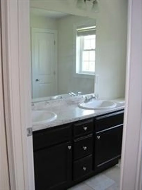 Double sink vanity with dark cabinets, large mirror, and a window reflected in the bathroom.