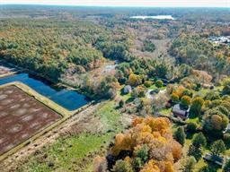 Aerial view of a rural landscape with ponds, trees, and scattered houses in autumn.