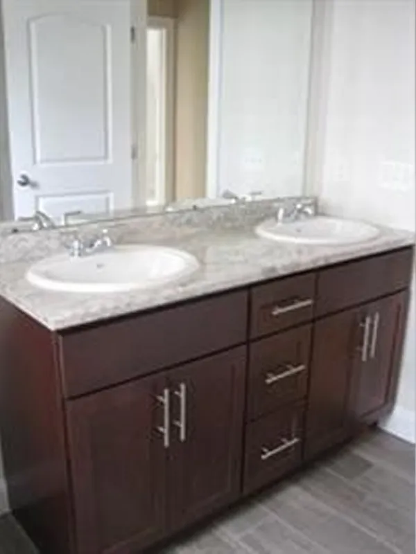 Double sink vanity with marble countertop, wooden cabinets, and a mirror above.