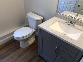A bathroom with a toilet, gray vanity, white sink, and wood-look flooring.
