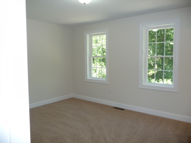 Empty room with beige carpet, white walls, and two windows showing greenery outside.