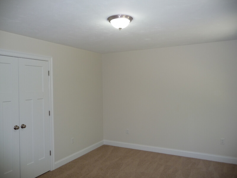 Empty beige room with carpet, white trim, closed closet doors, and a ceiling light fixture.