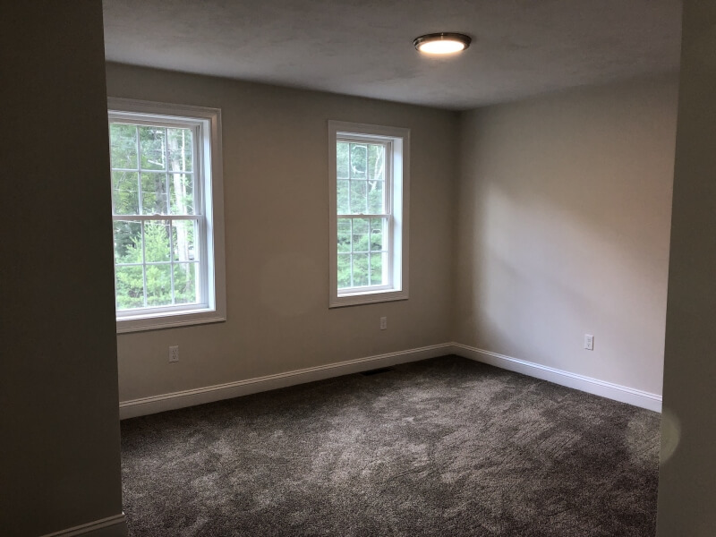 Empty room with two windows, gray carpet, white walls, and a ceiling light.