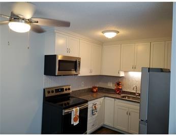 Modern kitchen with white cabinets, stainless steel appliances, and under-cabinet lighting.