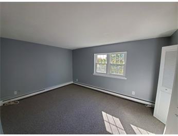 Empty room with gray walls, carpeted floor, and sunlight coming through a double window.