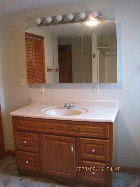 Wood vanity with white sink, mirror cabinet, and light fixture above in a bathroom.