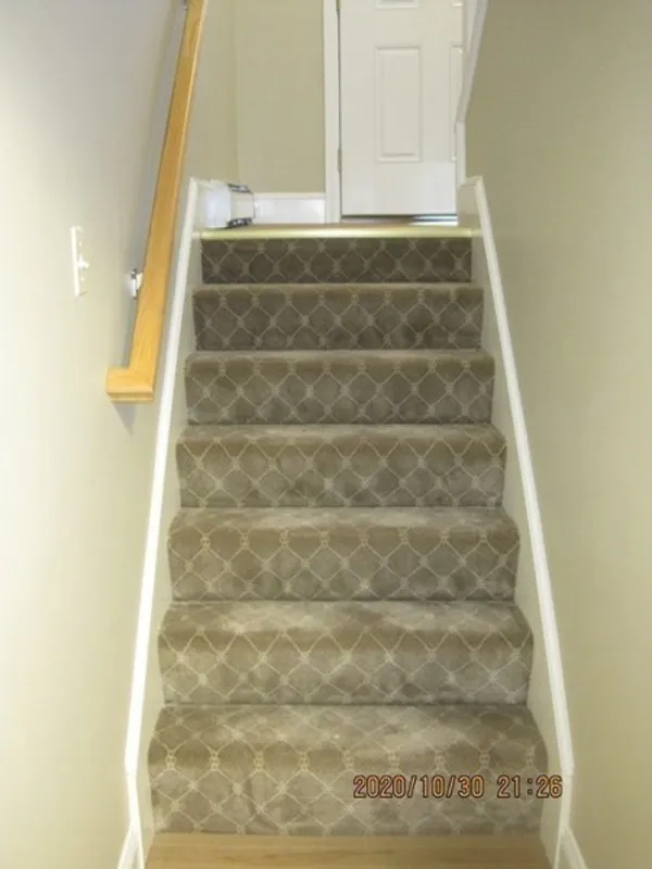 Carpeted staircase with a wooden handrail leading up to a closed white door.