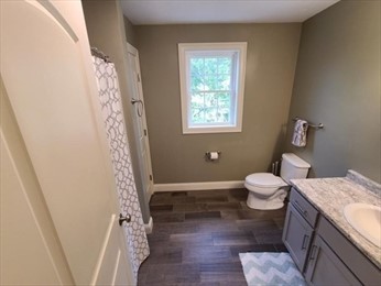 Modern bathroom with gray cabinets, toilet, shower curtain, and a window above the toilet.
