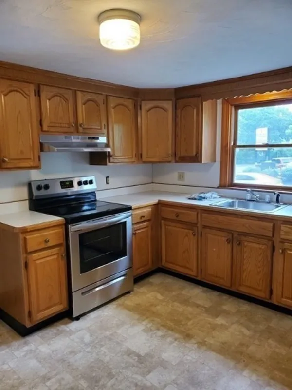 Kitchen with wooden cabinets, electric stove, stainless oven, and window above sink.