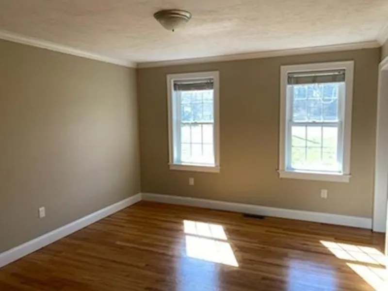 Empty room with tan walls, two windows, hardwood floor, and ceiling light fixture.